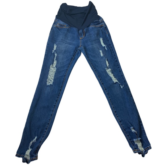 S.O.N.G. Maternity Distressed Ankle Blue Jeggings - Picture 1 of 5